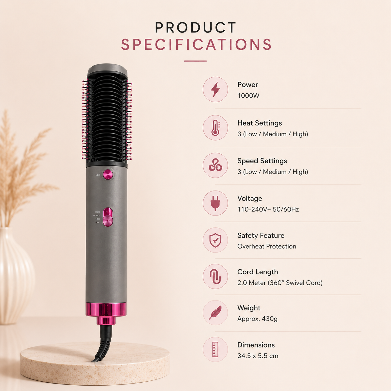 Hair Straightening Brush | Fast Heat Up & Anti-Burn Bristles